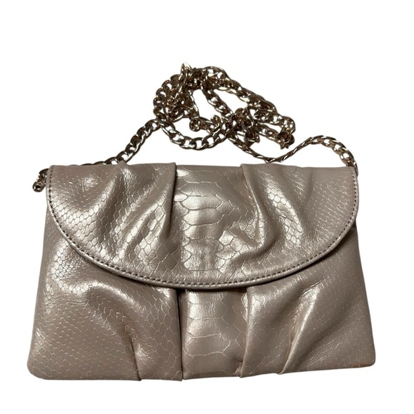 Talbots Beige Pleated Pearlized Leather Animal Print Bag with Gold Chain Strap